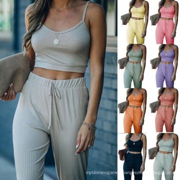 Superstarer Summer Autumn Casual Ladies Two Piece Set Solid Color Sling Tank Top and Pants Women 2 Piece Set